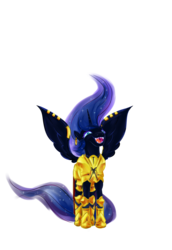 Size: 1280x1856 | Tagged: safe, artist:kwendynew, nightmare moon, alicorn, pony, g4, armor, fangs, fate/stay night, female, gilgamesh, laughing, mare, ponified, simple background, solo, transparent background