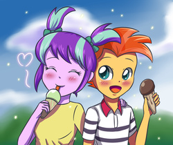 Size: 3507x2952 | Tagged: safe, artist:sumin6301, starlight glimmer, sunburst, equestria girls, g4, blushing, cute, duo, equestria girls-ified, female, food, glimmerbetes, heart, high res, ice cream, ice cream cone, male, pigtails, ship:starburst, shipping, smiling, straight, that human sure does love ice cream, that pony sure does love ice cream, tongue out, younger