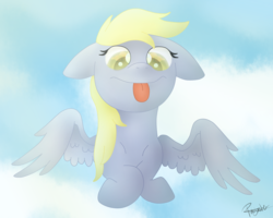 Size: 2000x1600 | Tagged: safe, artist:pucksterv, derpy hooves, pegasus, pony, g4, cloud, female, floppy ears, mare, sky, solo, tongue out