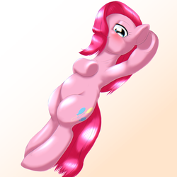 Size: 1000x1000 | Tagged: dead source, safe, artist:ushiro no kukan, pinkie pie, earth pony, pony, g4, belly, bipedal, blushing, female, hair over one eye, legs together, pinkamena diane pie, solo, underhoof