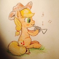 Size: 2448x2448 | Tagged: safe, artist:mizore43, applejack, g4, cute, female, high res, hoof hold, music notes, musical instrument, sitting, solo, traditional art, trumpet