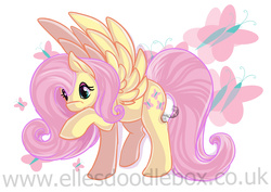 Size: 5846x4133 | Tagged: safe, artist:ellesdoodlebox, fluttershy, butterfly, g4, absurd resolution, female, raised hoof, solo, spread wings, watermark