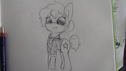 Size: 1280x720 | Tagged: safe, artist:tjpones, oc, oc only, oc:holly wood, pony, cute, grayscale, lineart, monochrome, necktie, solo, sunglasses, talent agent, traditional art