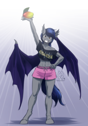 Size: 1500x2159 | Tagged: safe, artist:mykegreywolf, oc, oc only, oc:echo, bat pony, anthro, unguligrade anthro, abs, anthro oc, belly button, clothes, eeee, food, fruit, grin, looking at you, mango, midriff, short shirt, shorts, signature, smiling, solo, that batpony sure does love mangoes