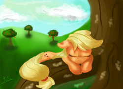 Size: 8300x6000 | Tagged: safe, artist:spectrumblaze, applejack, earth pony, pony, g4, absurd resolution, apple tree, eyes closed, female, floppy ears, hatless, missing accessory, prone, sleeping, solo, tree, under the tree