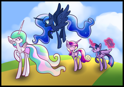 Size: 1024x725 | Tagged: safe, artist:princessfaeron, princess cadance, princess celestia, princess luna, twilight sparkle, alicorn, pony, g4, alicorn tetrarchy, book, ear fluff, female, flying, magic, mare, royal sisters, telekinesis, twilight sparkle (alicorn)