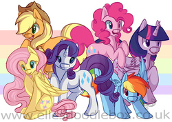 Size: 1024x724 | Tagged: safe, artist:ellesdoodlebox, applejack, fluttershy, pinkie pie, rainbow dash, rarity, twilight sparkle, alicorn, pony, g4, female, mane six, mare, twilight sparkle (alicorn), watermark