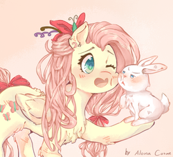 Size: 994x908 | Tagged: safe, artist:iceriumruby, angel bunny, fluttershy, g4, chest fluff, nuzzling, tail bow, wink