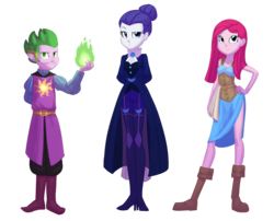 Size: 1337x1080 | Tagged: safe, artist:carnifex, pinkie pie, rarity, spike, fanfic:the journey, equestria girls, g4, alternate timeline, commission, equestria girls-ified, fanfic art, fire magic, hair bun, human spike, magic, night maid rarity, nightmare takeover timeline, pinkamena diane pie, trio