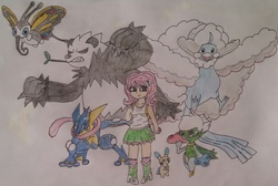 Size: 2486x1675 | Tagged: safe, artist:wolf, fluttershy, altaria, beautifly, greninja, human, minun, pangoro, roserade, g4, bag, boots, clothes, crossover, equestria girls outfit, high heel boots, high heels, humanized, mega altaria, mega evolution, poké ball, pokémon, pokémon team, pokémon trainer, skirt, socks, tank top, traditional art, wolf's pokémon teams