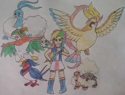 Size: 2289x1739 | Tagged: safe, artist:wolf, rainbow dash, altaria, castform, hawlucha, human, pidgeot, swellow, torkoal, g4, boots, clothes, equestria girls outfit, humanized, mega evolution, mega pidgeot, pokémon, pokémon team, pokémon trainer, rainbow socks, shoes, socks, striped socks, traditional art, wolf's pokémon teams