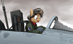 Size: 900x544 | Tagged: safe, artist:buckweiser, artist:karmamoonshadow, oc, oc only, oc:lotus grace, pony, unicorn, air force, aircraft, cockpit, crying, guilty, military pony, overcast, pilot