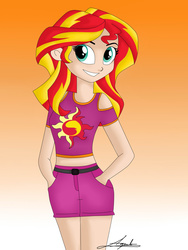 Size: 1024x1365 | Tagged: safe, artist:sketchypalette20, sunset shimmer, equestria girls, g4, clothes, female, human coloration, midriff, short shirt, shorts, solo, t-shirt