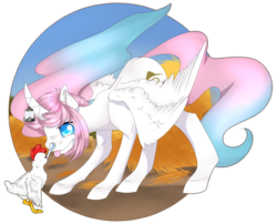 Size: 1024x826 | Tagged: safe, artist:doodle-28, oc, oc only, oc:princess alois, alicorn, chicken, pony, solo