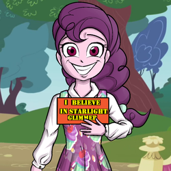 Size: 540x540 | Tagged: safe, artist:kul, sugar belle, equestria girls, g4, cult, egalitarianism, equestria girls-ified, female, implied starlight glimmer, jim jones, jonestown, reference, sign, smiling, solo, writing