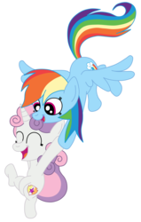 Size: 1793x2820 | Tagged: safe, artist:squipycheetah, rainbow dash, sweetie belle, pegasus, pony, unicorn, g4, alternate cutie mark, belly, cute, cutie mark, dashabetes, diasweetes, duo, eyes closed, filly, flying, friendshipping, hanging on, happy, holding hooves, hoof hold, looking down, open mouth, raised hoof, simple background, smiling, spread wings, the cmc's cutie marks, transparent background, trust, vector, windswept mane