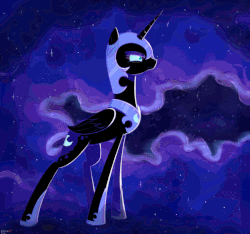 Size: 875x820 | Tagged: safe, artist:equum_amici, artist:kodabomb, nightmare moon, g4, animated, cinemagraph, ethereal mane, female, night, pose, solo, stars
