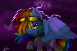 Size: 8987x6000 | Tagged: safe, artist:spectrumblaze, rainbow dash, g4, absurd resolution, clothes, female, goggles, lightning, raised hoof, shadowbolt dash, shadowbolts costume, signature, solo, spread wings