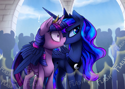 Size: 2700x1910 | Tagged: safe, artist:magnaluna, artist:silfoe, princess luna, twilight sparkle, alicorn, pony, royal sketchbook, g4, angry kissing, blushing, colored pupils, cute, duo focus, exclamation point, female, fluffy, glare, hug, kiss on the lips, kissing, lesbian, lunabetes, mare, middle feather, middle finger, nose wrinkle, paparazzi, scandal, ship:twiluna, shipping, shivering, shocked, surprise kiss, twiabetes, twilight sparkle (alicorn), wide eyes, wing hands, winghug, wings