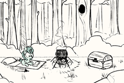 Size: 900x600 | Tagged: safe, artist:whydomenhavenipples, oc, oc only, oc:deep blue, foal quest, book, campfire, cauldron, chest, cyoa, forest, level up, limited palette, reading, rpg, smoke, solo, story included, trunk