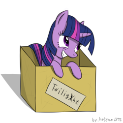 Size: 900x900 | Tagged: safe, artist:livehotsun, twilight sparkle, pony, g4, box, female, grin, misspelling, pony in a box, solo