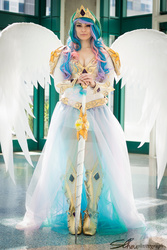 Size: 1600x2400 | Tagged: safe, artist:annalynncosplay, princess celestia, human, g4, cleavage, clothes, cosplay, costume, dress, female, irl, irl human, photo, solo, spread wings, sword, weapon