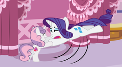 Size: 2207x1218 | Tagged: safe, artist:dr-insean, artist:estories, rarity, sweetie belle, pony, g4, bipedal, carousel boutique, cutie mark, eyes closed, female, filly, sisters, swinging, the cmc's cutie marks