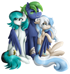 Size: 1600x1700 | Tagged: safe, artist:monnarcha, oc, oc only, oc:amaranthine, oc:moonlight dash, oc:sparkling tempest, eyes closed, hug, simple background, transparent background, trio, winghug