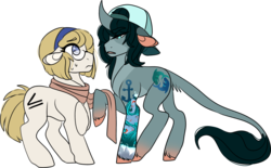 Size: 2843x1757 | Tagged: safe, artist:electrorat, oc, oc only, oc:angie, oc:riptide, classical unicorn, backwards ballcap, clothes, glasses, hat, horn, leonine tail, scarf, sweat, tattoo, unshorn fetlocks