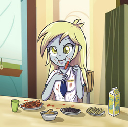 Size: 3507x3472 | Tagged: safe, artist:sumin6301, derpy hooves, equestria girls, g4, clothes, cute, eating, female, food, fork, high res, messy, messy eating, school uniform, solo