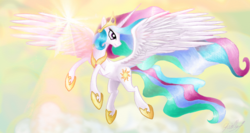 Size: 1366x728 | Tagged: safe, artist:gaelledragons, princess celestia, g4, female, flying, lens flare, solo