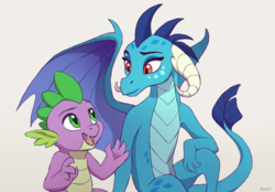 Size: 1520x1058 | Tagged: safe, artist:akeahi, princess ember, spike, dragon, g4, gauntlet of fire, season 6, dragoness, duo, female, looking at each other, male, open mouth, simple background, sitting, smiling, white background, wingless spike, wings