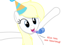 Size: 2640x1969 | Tagged: safe, artist:vectorfag, edit, oc, oc only, oc:aryanne, earth pony, pony, birthday, bust, dialogue, german, happy, hat, open mouth, party hat, party horn, simple background, smiling, solo, spread legs, spreading, transparent background, vector, whistle