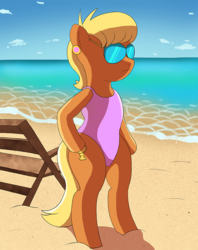 Size: 690x870 | Tagged: safe, artist:gusty glade, ms. harshwhinny, earth pony, pony, semi-anthro, g4, beach, bipedal, clothes, explicit source, female, mare, one-piece swimsuit, solo, sunglasses, swimsuit