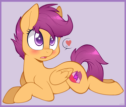 Size: 1000x850 | Tagged: safe, artist:higglytownhero, scootaloo, pegasus, pony, g4, blushing, cute, cutealoo, cutie mark, female, filly, foal, folded wings, heart, open mouth, prone, simple background, solo, sploot, sweet dreams fuel, the cmc's cutie marks, wings