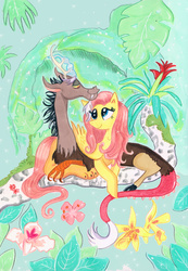 Size: 789x1140 | Tagged: safe, artist:praysforaprankster, discord, fluttershy, draconequus, pegasus, pony, g4, duo, female, looking at each other, male, mare, marker drawing, plants, rainforest, ship:discoshy, shipping, straight, traditional art