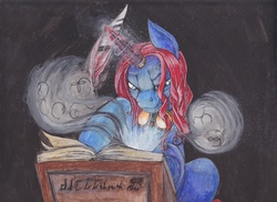 Size: 2325x1691 | Tagged: safe, artist:scribblepwn3, oc, oc only, oc:midnight scribbler, pony, unicorn, d'ni script, horn, horn ring, ink, linking book, magic, misspelling, myst, myst crossover, quill, sitting, solo, text, traditional art, watercolor painting