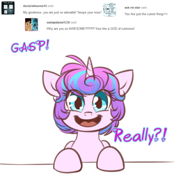 Size: 750x750 | Tagged: safe, artist:cosmalumi, princess flurry heart, g4, ask, big eyes, cute, dialogue, excited, flurrybetes, flurryheart-babbles, heart eyes, looking at you, open mouth, simple background, smiling, solo, tumblr, white background, wingding eyes