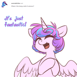 Size: 750x750 | Tagged: safe, artist:cosmalumi, princess flurry heart, alicorn, pony, g4, ask, cute, dialogue, eyes closed, flurrybetes, flurryheart-babbles, older, open mouth, simple background, smiling, solo, tumblr, white background