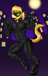 Size: 1312x2064 | Tagged: safe, artist:flameydragwasp, braeburn, earth pony, anthro, unguligrade anthro, g4, catsuit, chat noir, clothes, cosplay, costume, crossover, green eyes, male, miraculous ladybug, simple background, solo