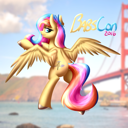 Size: 3000x3000 | Tagged: safe, artist:strachattack, oc, oc only, oc:golden gates, babscon, babscon 2016, babscon mascots, bridge, flying, high res