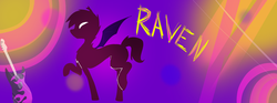 Size: 1024x381 | Tagged: safe, artist:metro scrunch, oc, oc only, oc:raven aura, bat pony, pony, electric guitar, fire, guitar, musical instrument, solo, stylized, text