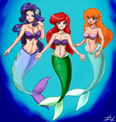 Size: 1500x1575 | Tagged: safe, artist:johnjoseco, color edit, colorist:lanceomikron, edit, rarity, human, mermaid, g4, ariel, belly button, breasts, busty rarity, cleavage, color, colored, crossover, disney, female, humanized, mermaidized, mermarity, midriff, misty (pokémon), pokémon, seashell, the little mermaid