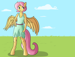 Size: 1280x981 | Tagged: safe, artist:tjpones, fluttershy, anthro, unguligrade anthro, g4, bipedal, clothes, dress, female, solo