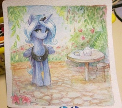 Size: 1153x1024 | Tagged: safe, artist:aphphphphp, princess luna, g4, female, looking at you, s1 luna, solo, table, traditional art, tree, watercolor painting