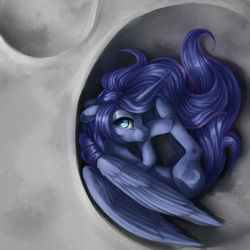 Size: 1280x1280 | Tagged: safe, artist:aphphphphp, princess luna, alicorn, pony, g4, crater, cute, female, looking at you, lunabetes, lying down, mare, moon, on side, solo