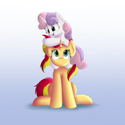 Size: 2100x2100 | Tagged: safe, artist:vanillaghosties, sunset shimmer, sweetie belle, pony, unicorn, g4, cute, diasweetes, high res, open mouth, piggyback ride, simple background, sitting