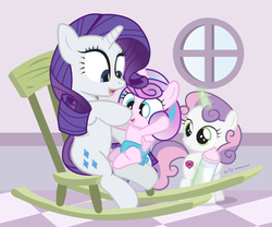 Size: 1050x875 | Tagged: safe, artist:dm29, princess flurry heart, rarity, sweetie belle, g4, baby, baby bottle, belle sisters, boop, commission, cute, cutie mark, diaper, diasweetes, flurrybetes, foalsitting, julian yeo is trying to murder us, laughing, levitation, magic, pink diaper, raribetes, rocking chair, siblings, sisters, telekinesis, the cmc's cutie marks, trio