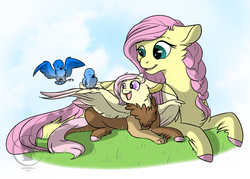 Size: 1400x1000 | Tagged: safe, artist:bluesidearts, fluttershy, oc, oc:panacea, bird, hybrid, g4, braid, interspecies offspring, mother and daughter, offspring, parent:discord, parent:fluttershy, parents:discoshy