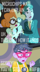 Size: 1000x1800 | Tagged: safe, edit, edited screencap, screencap, micro chips, scott green, scribble dee, a banner day, equestria girls, g4, my little pony equestria girls, my little pony equestria girls: friendship games, angry, background human, caught, fall formal outfits, glasses, infidelity, meme, microdee, scottdee, shipping, shipping denied, short, waifu, waifu thief